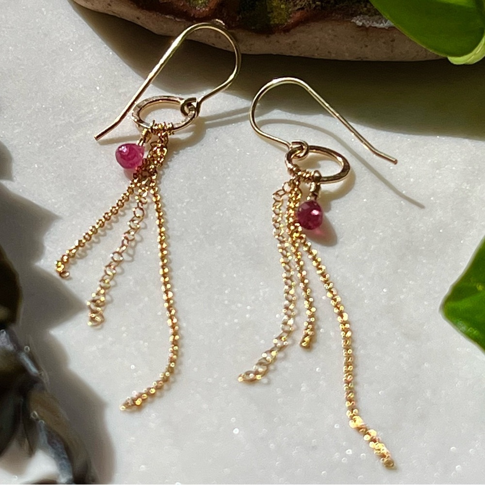 Gold Filled Pink Tourmaline Long Chain Tassel Drop Earrings